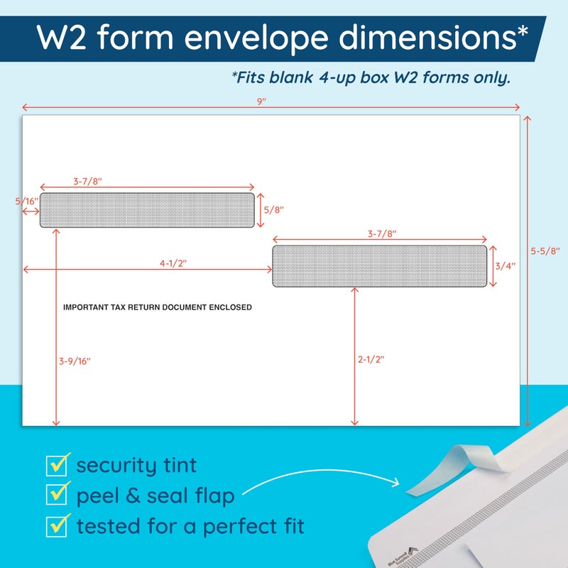 Blue Summit Supplies 25 W2 Tax Envelopes for 4-Up Box W2 Forms, Envelopes Designed for Printed 4 Part W2 Laser Forms for QuickBooks and other Tax Software, 5 5/8â€™â€™ x 9â€™â€™, Peel & Seal Flap - Image 2